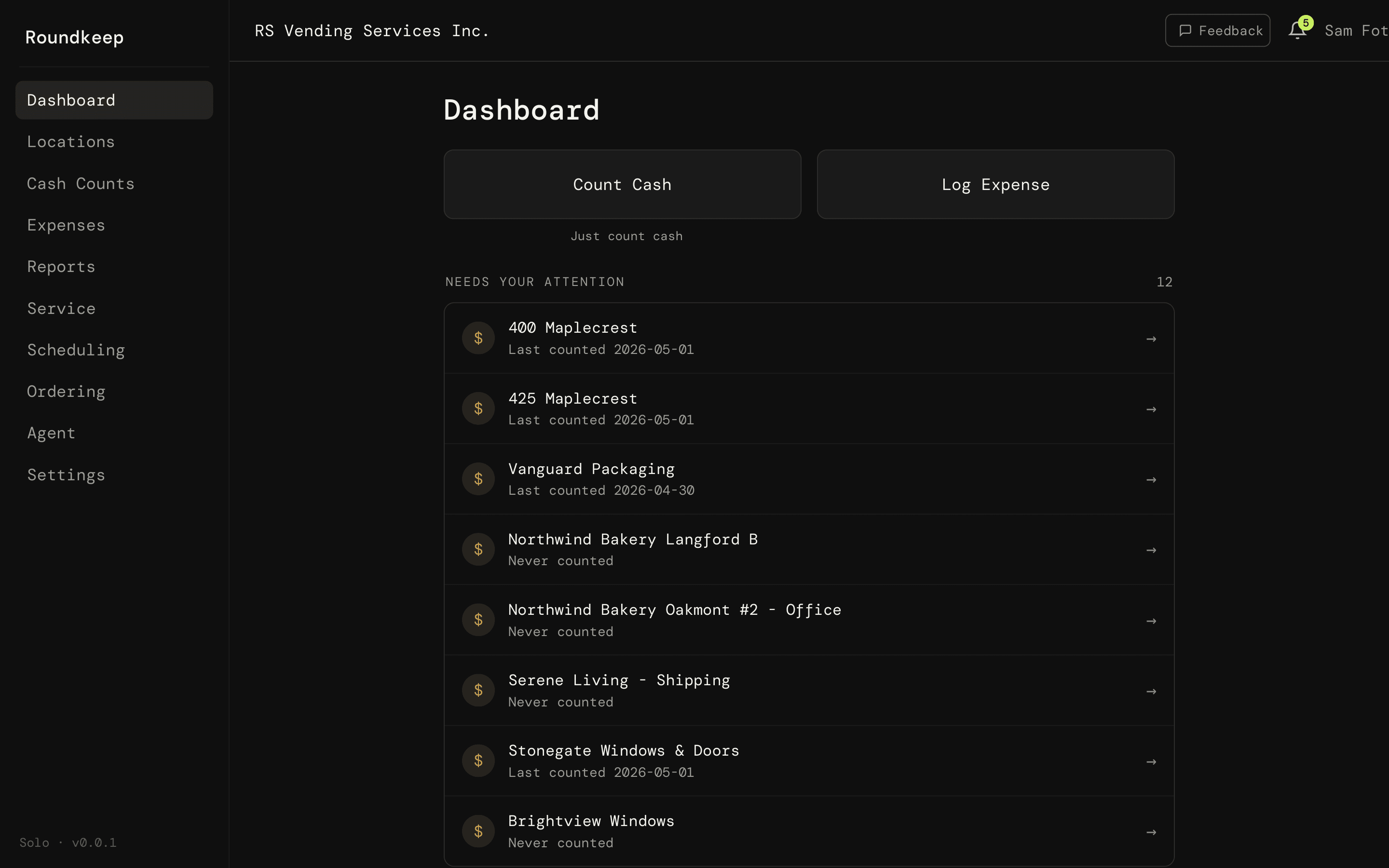 Roundkeep dashboard showing which locations need attention